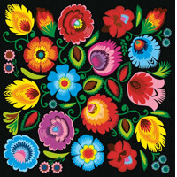LOWICZ FOLK COLOURFUL CUT-OT ON black 33x33, Maki